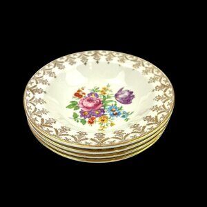 Vintage Edwin M. Knowles 4 Floral Berry Bowls Semi Vitreous Cream Gold Trim